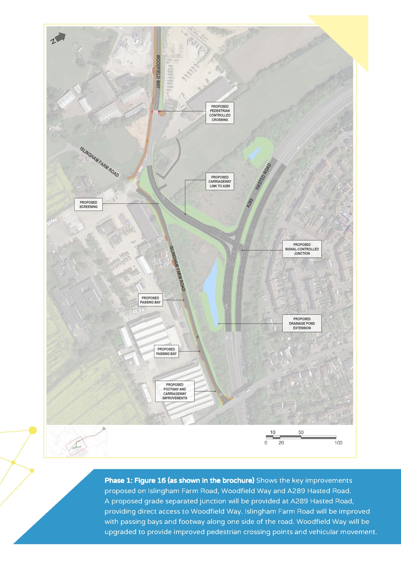 The key improvements proposed on Islingham Farm Road, Woodfield Way and A289 Hasted Road