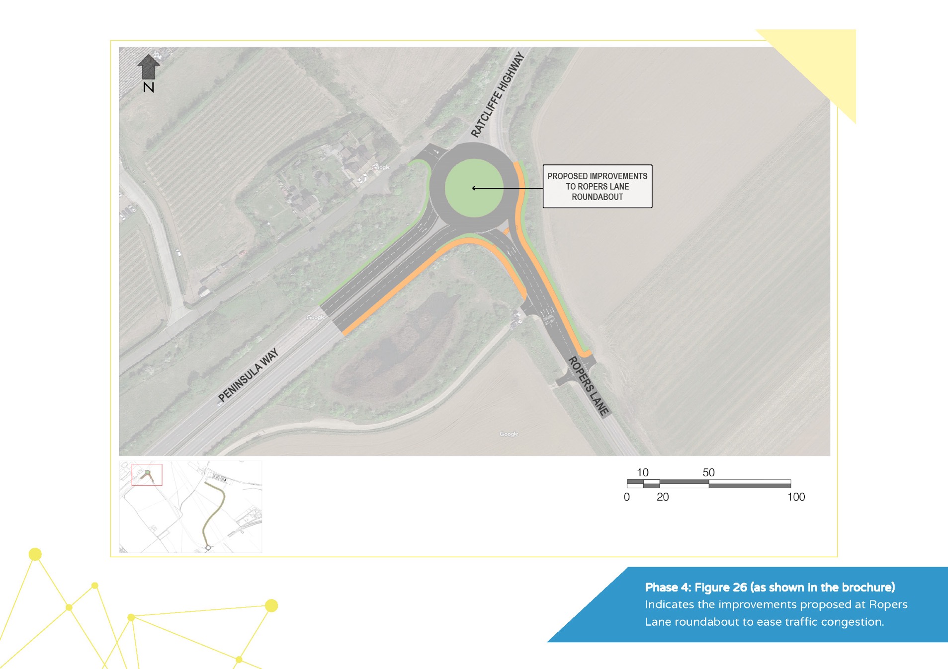 Indicates the improvements proposed at Ropers Lane roundabout to ease traffic congestion