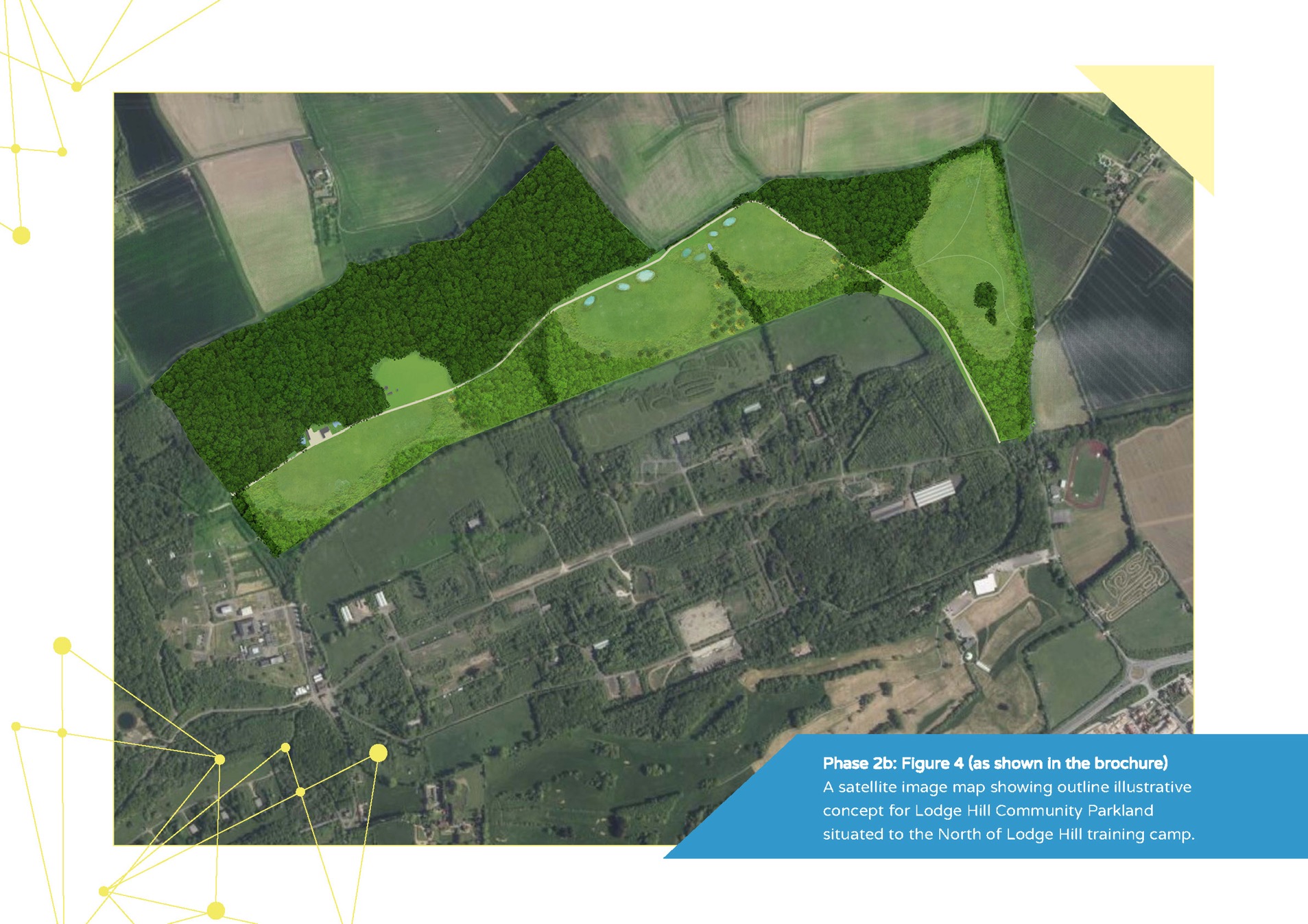 A satellite image map showing outline illustrative concept for Lodge Hill Community Parkland situated to the North of Lodge Hill training camp