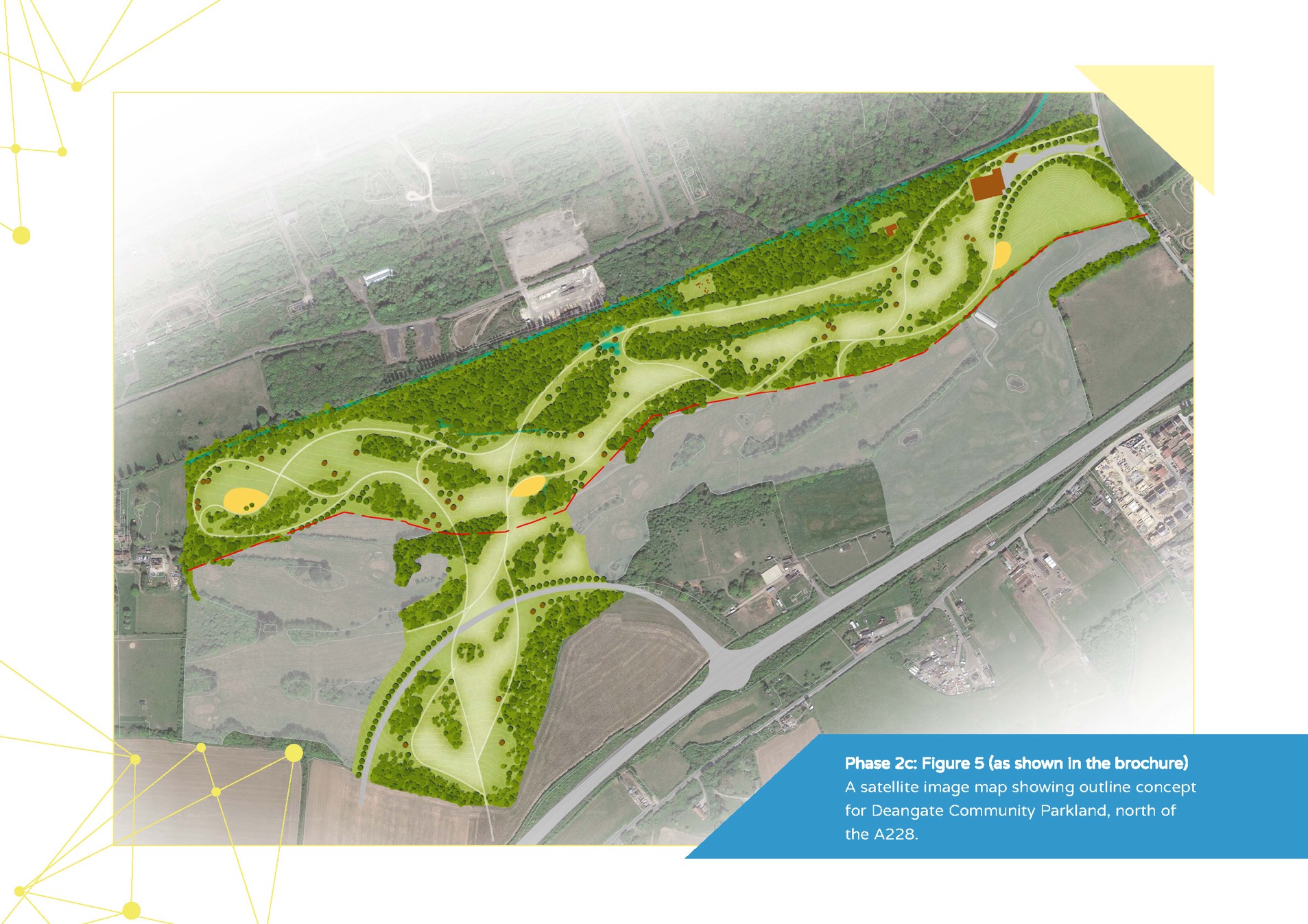 A satellite image map showing outline concept for Deangate Community Parkland, north of the A228